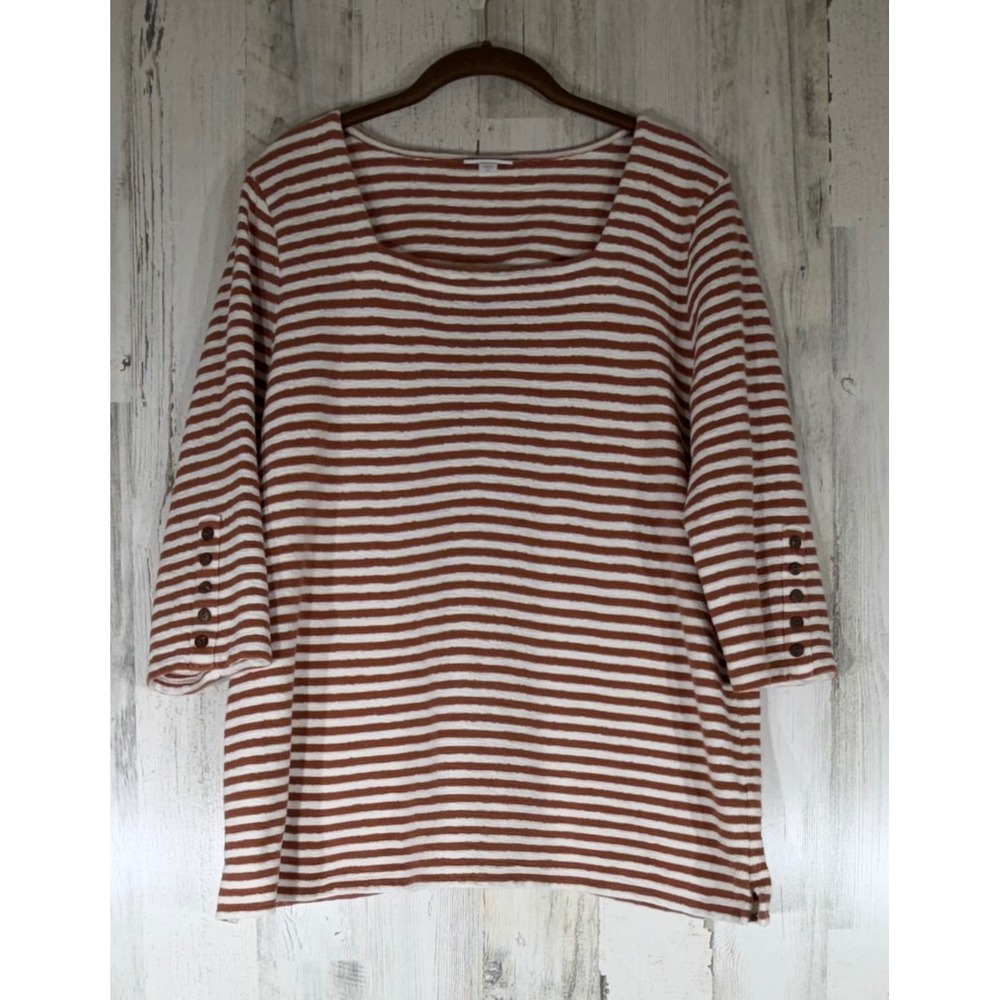 J Jill Terry‎ Knit Top XL Brown White Striped Square Neck 3/4 Sleeve Button Cuff